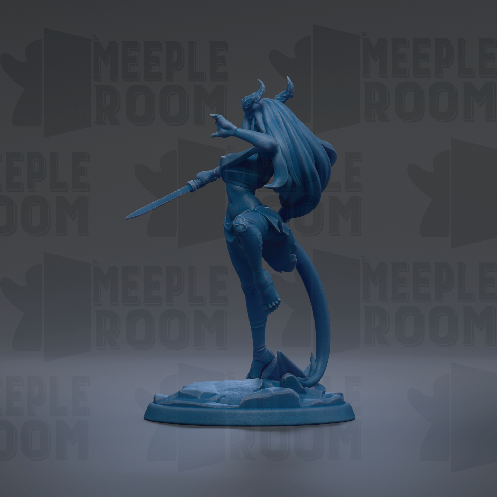 A blue figurine of a female character with horns and a flowing cape, holding a sword, is displayed against a dark background with repeated text.