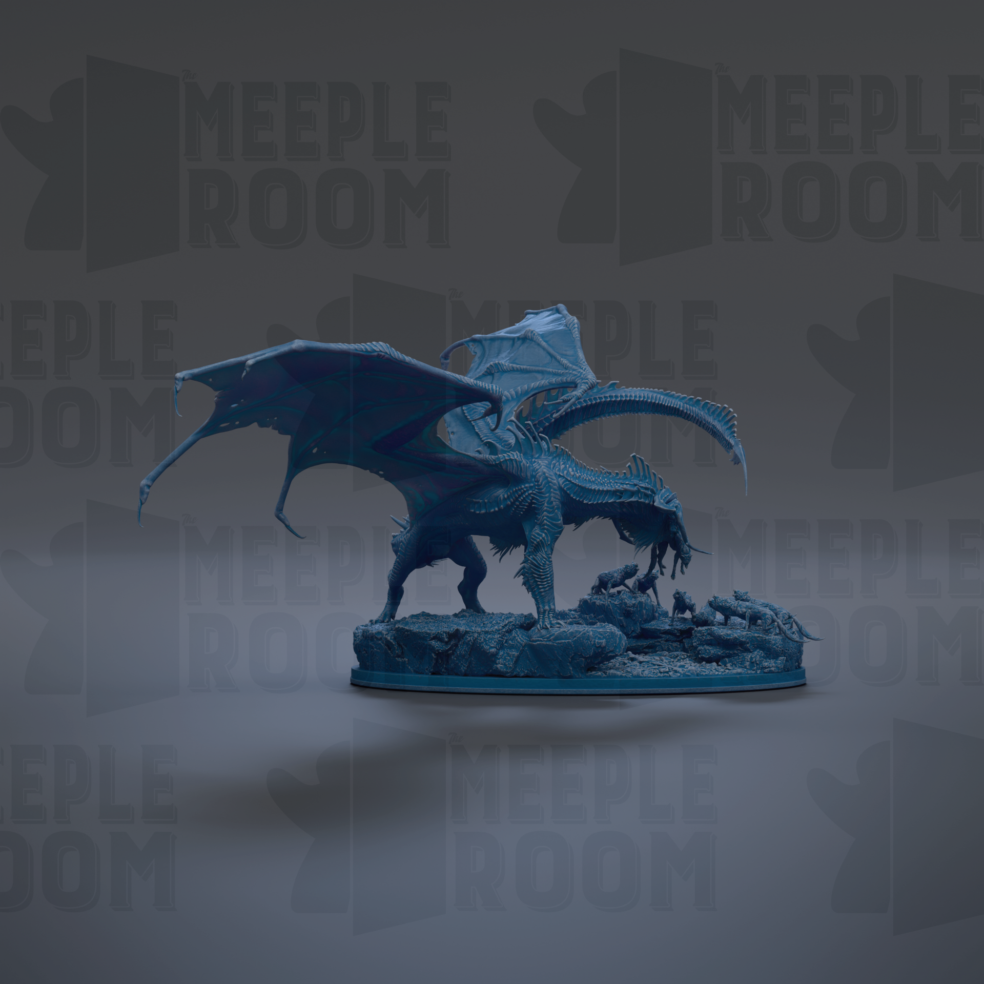 A 3D model of a blue dragon statue with wings spread, standing on a rock formation.