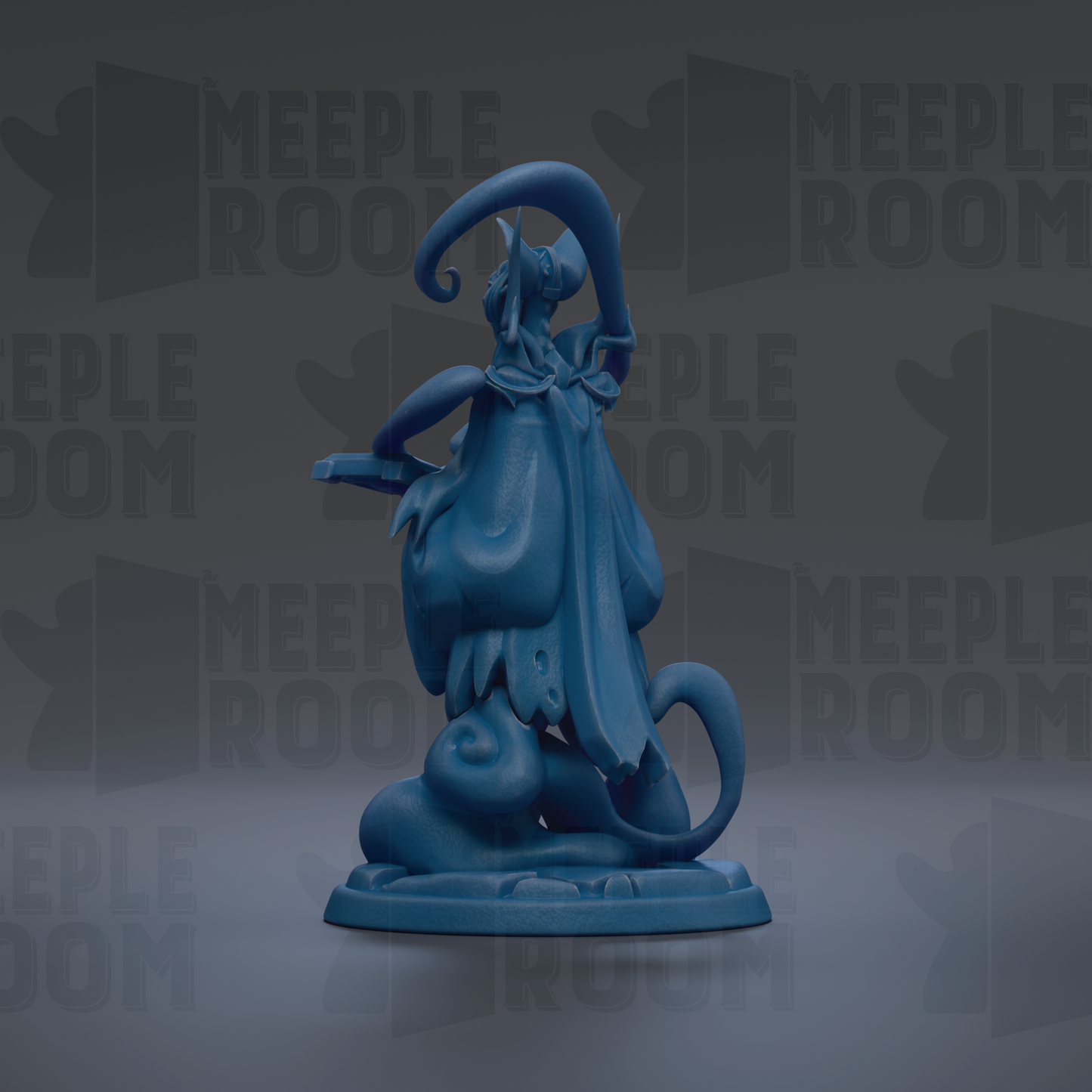 A blue, abstract sculpture with a flowing, organic shape and a large, curved head.