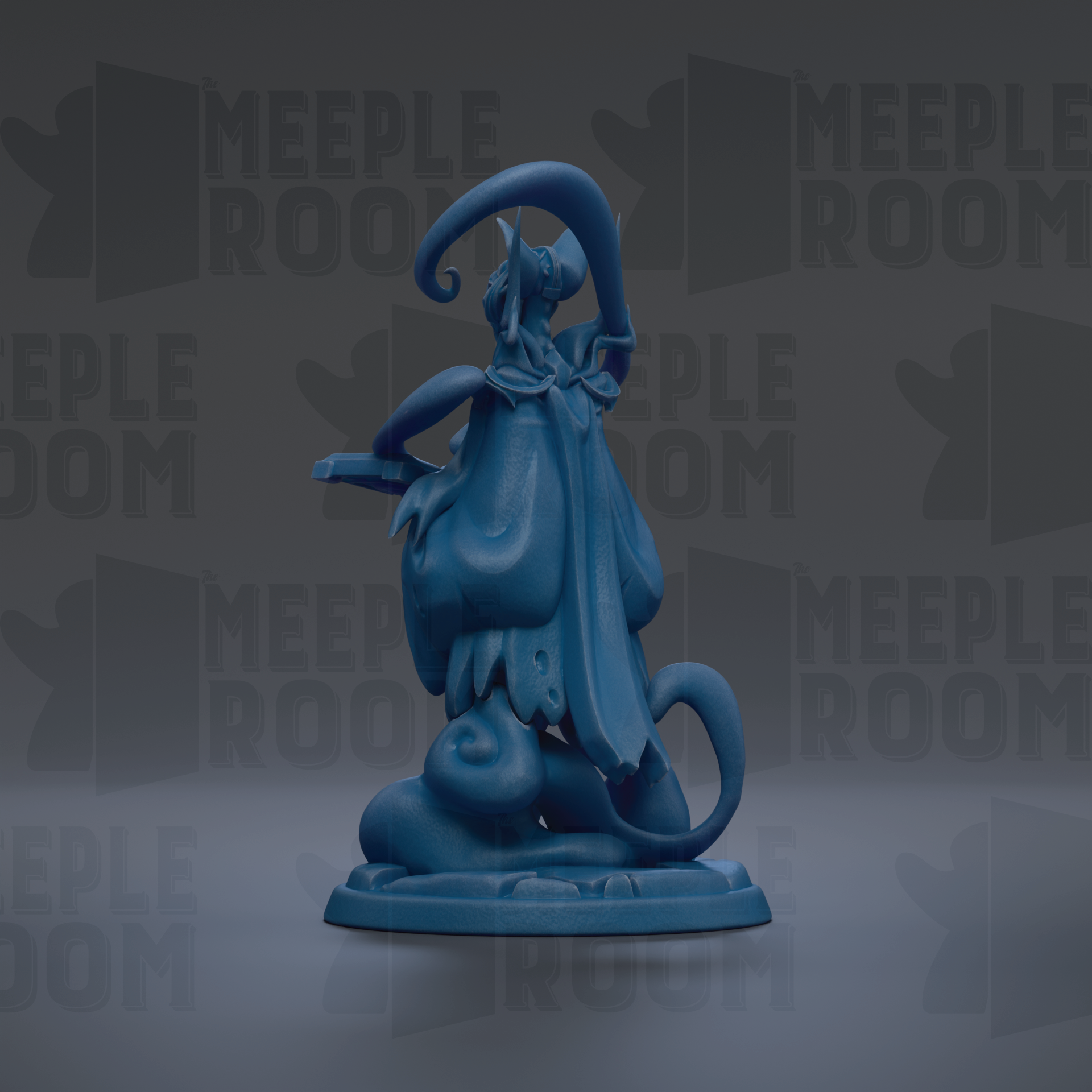 A blue, abstract sculpture with a flowing, organic shape and a large, curved head.