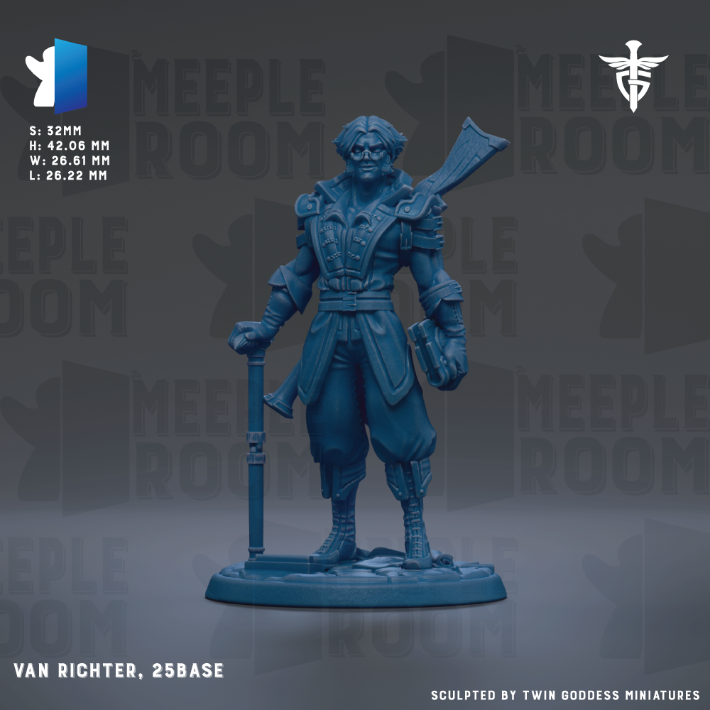 a figurine of a man in a blue outfit, holding a sword and standing on a base. The figurine is described as "VAN RICHTER, 25BASE" and is shown against a dark background with the text "MEEPLE ROOM" repeated multiple times.