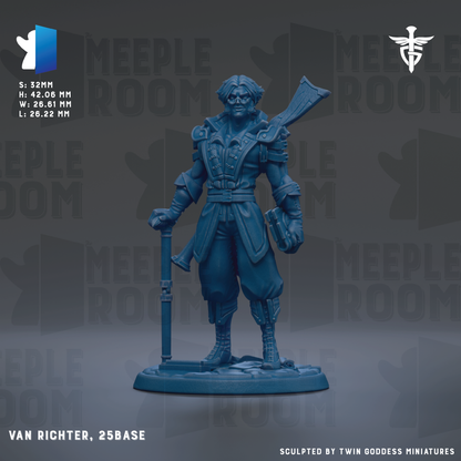 a figurine of a man in a blue outfit, holding a sword and standing on a base. The figurine is described as "VAN RICHTER, 25BASE" and is shown against a dark background with the text "MEEPLE ROOM" repeated multiple times.