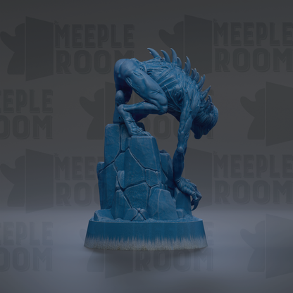 A blue, 3D-rendered statue of a crouching, skeletal figure with sharp teeth and claws, standing on a rock formation.