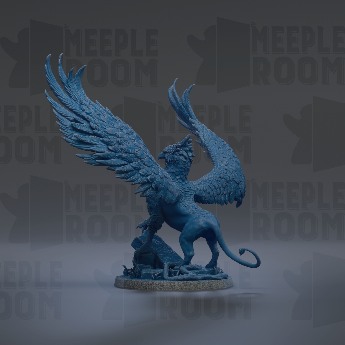 A blue statue of a winged creature with a fierce expression, standing on a pedestal.