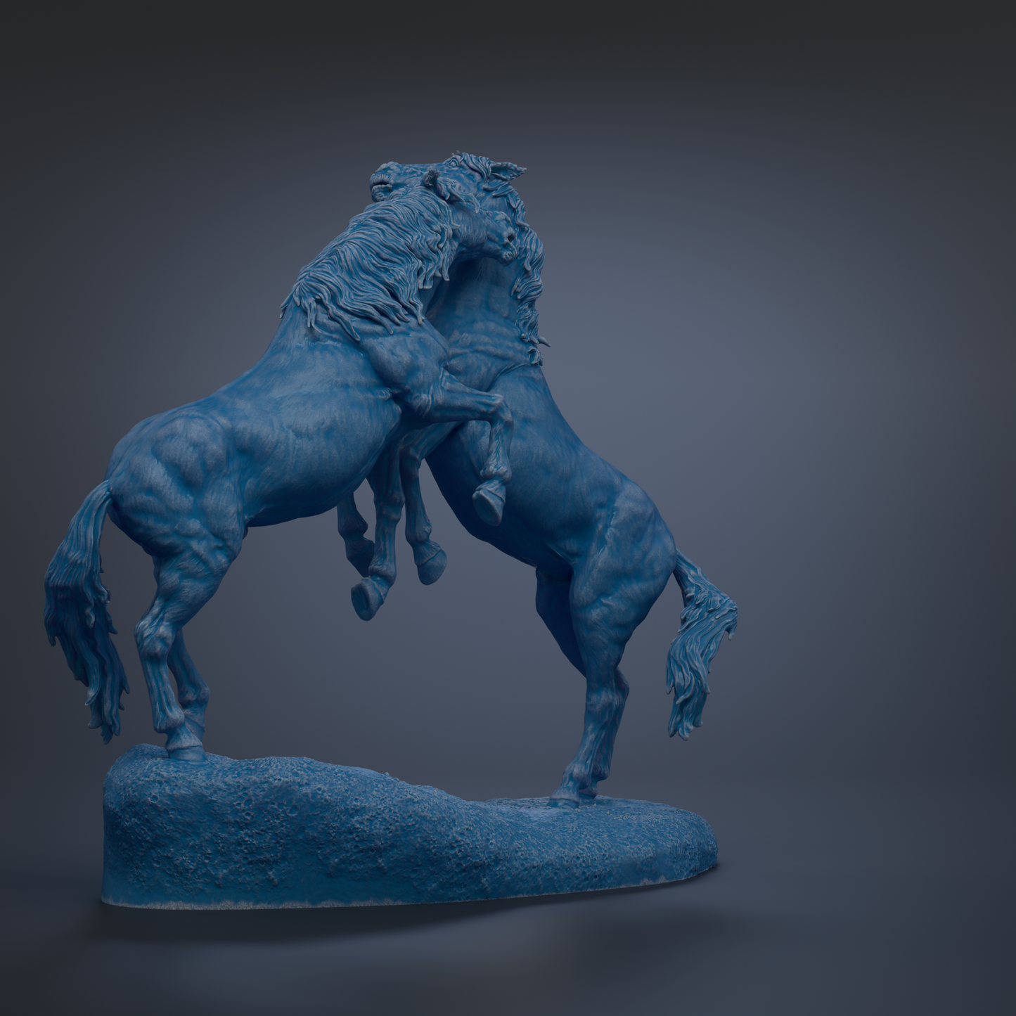 A blue statue of two horses standing on a rock, facing each other.