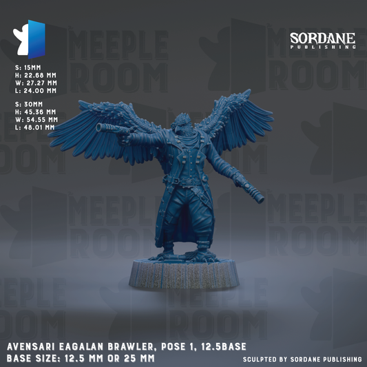 a blue figurine of a winged warrior standing on a pedestal. The figurine is described as a "Meeple Room" and has a base size of either 12.5 mm or 25 mm. The figurine is posed in a dynamic stance, with its wings spread wide. The image is a collage of multiple images, and the phrase "The image depicts" is not used.