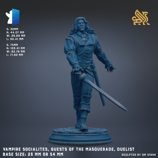 a statue of a character from the video game Vampire Socialites, the guests of the Masquerade, duelist. The statue is made of a dark material and is standing on a pedestal. The base size of the statue is 23 mm or 54 mm.