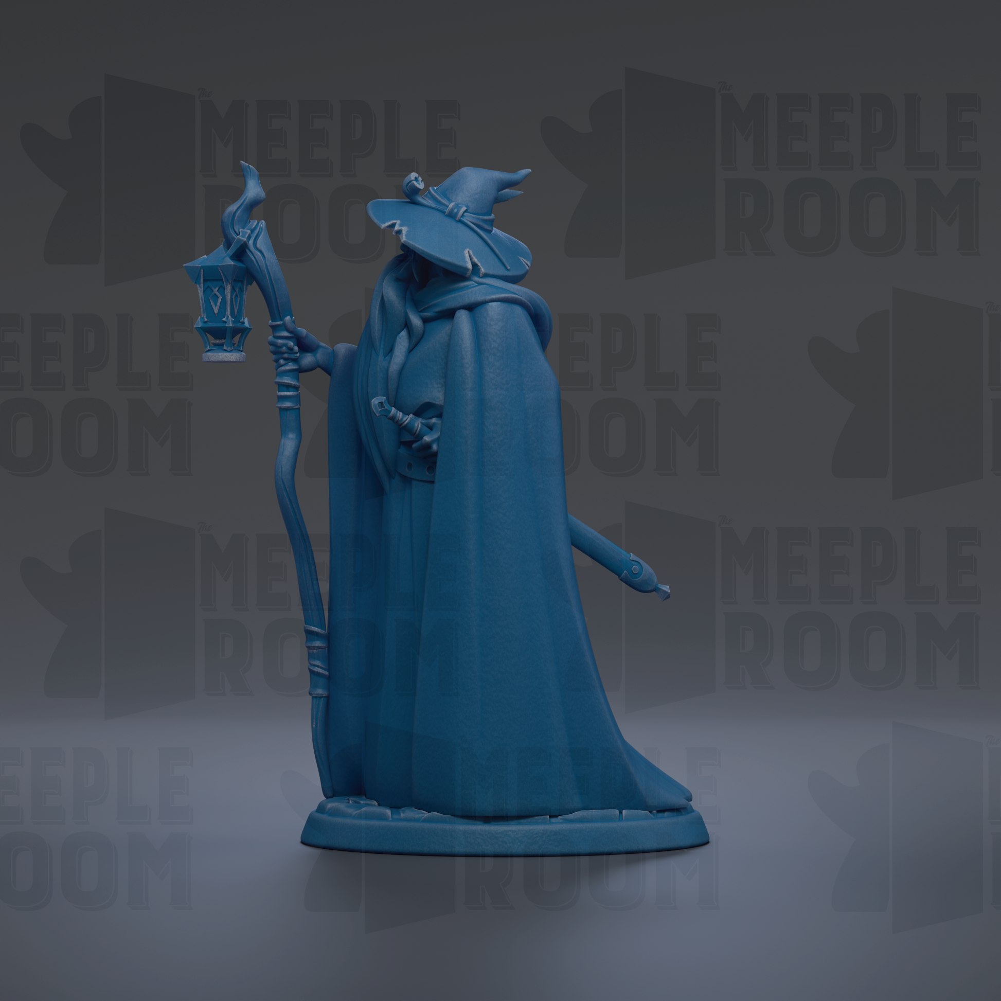 A blue figurine of a wizard or magical figure holding a lantern and a staff, standing against a dark background with repeated text.