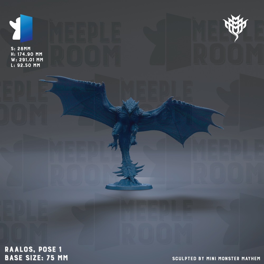 a blue dragon figurine with wings, standing on a base. The dragon is the main subject of the image, and it is described as a "raalos" or "pose 1" based on the provided details. The image is a "sculpted by mini monster Mayhem" and is described as a "base size: 75 mm".