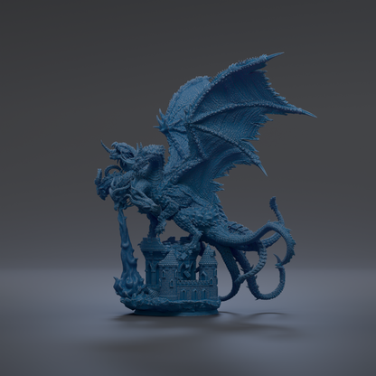 A blue dragon statue with wings spread, standing on a small castle-like structure.