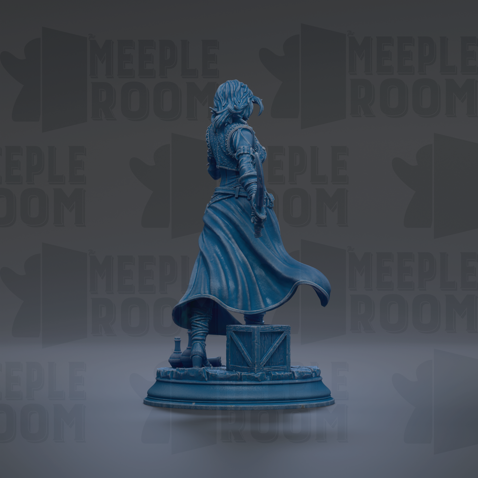 A blue statue of a person standing on a pedestal, with the word "MEIPLLE ROOM" repeated in the background.