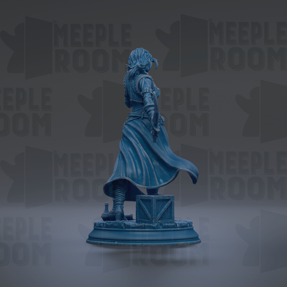 A blue statue of a person standing on a pedestal, with the word "MEIPLLE ROOM" repeated in the background.