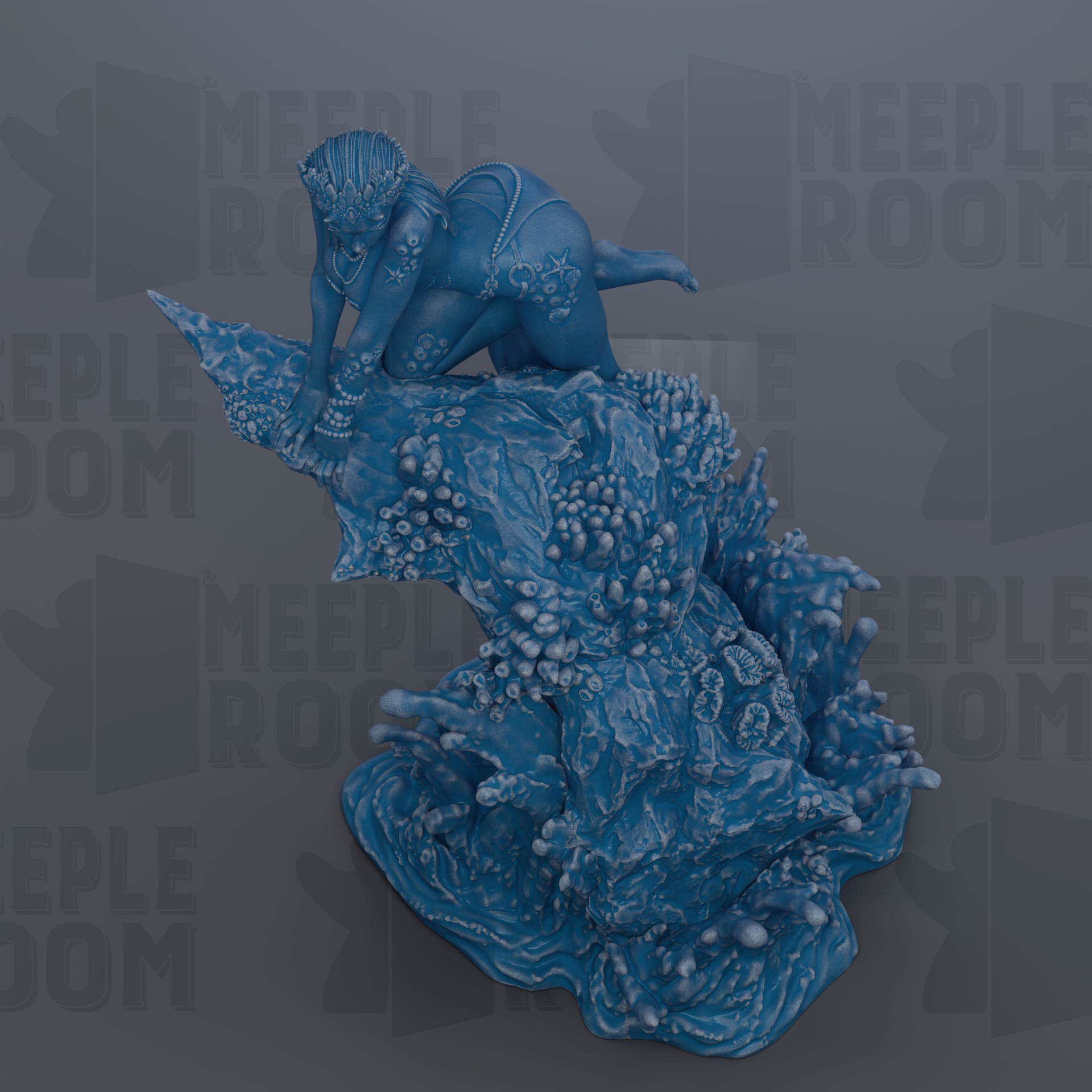 A blue, 3D-rendered figurine of a human figure climbing up a rocky, textured surface.