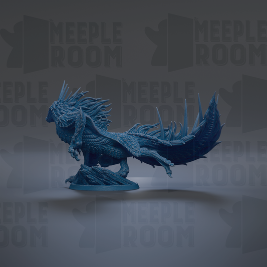 A blue, fantastical creature resembling a dragon or mythical being, with sharp teeth and claws, is depicted in the image.