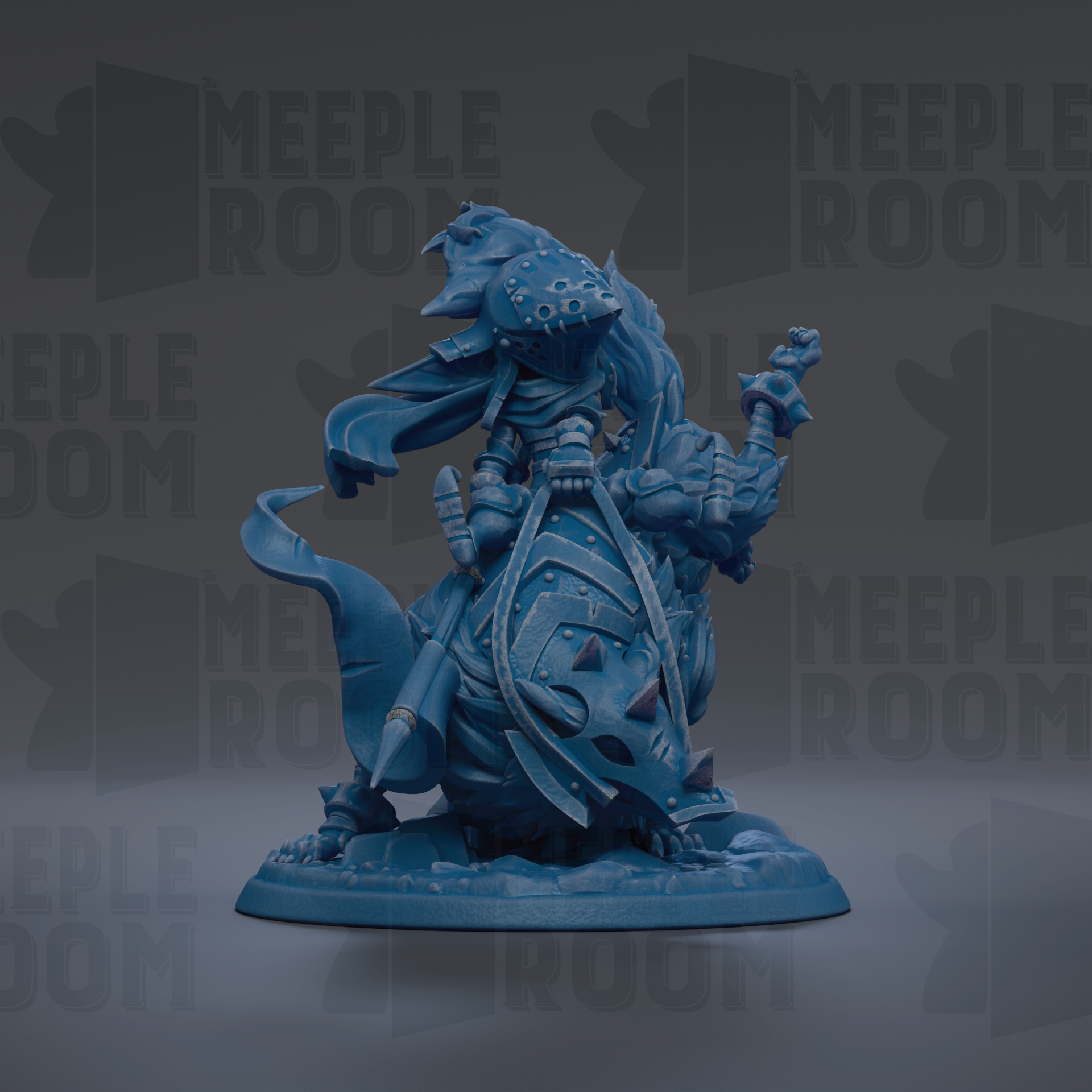 A blue figurine of a fantastical creature, possibly a dragon or serpent, is depicted in the center of the image.