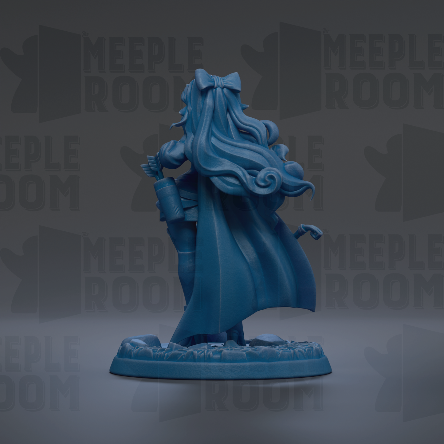 A blue figurine of a woman with long hair and a flowing cape, standing on a base with the text "MEIPLLE ROOM" repeated in the background.