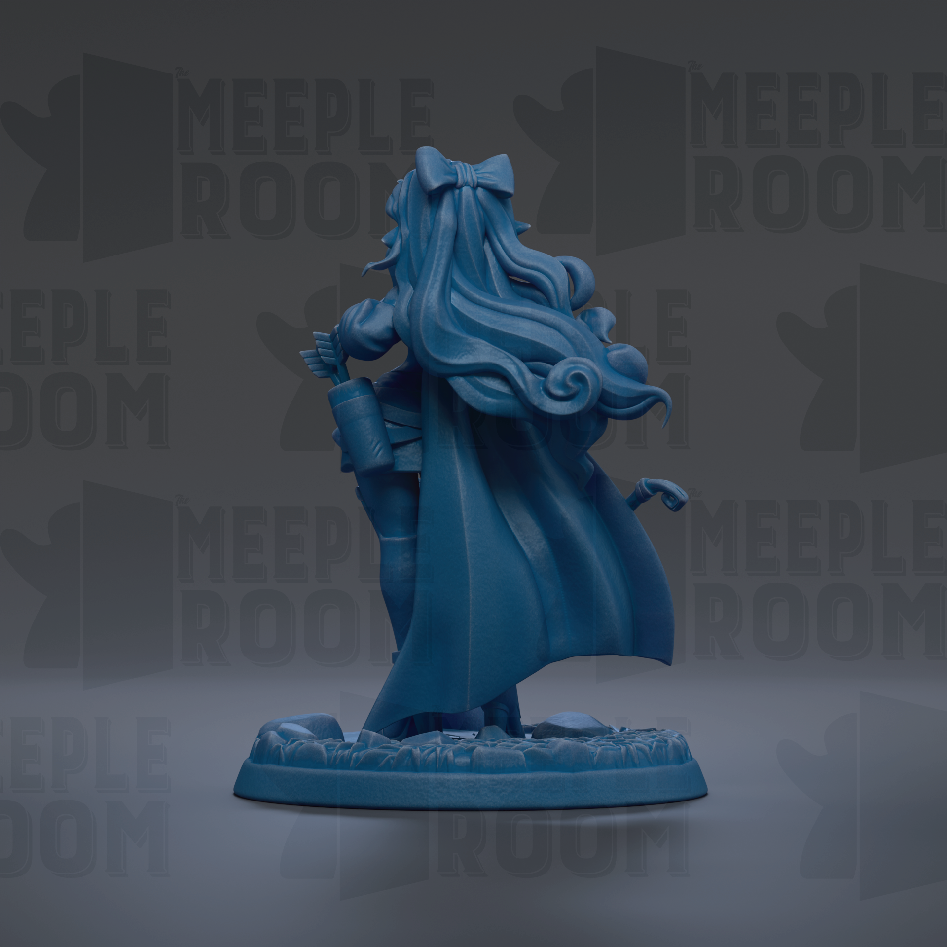 A blue figurine of a woman with long hair and a flowing cape, standing on a base with the text "MEIPLLE ROOM" repeated in the background.