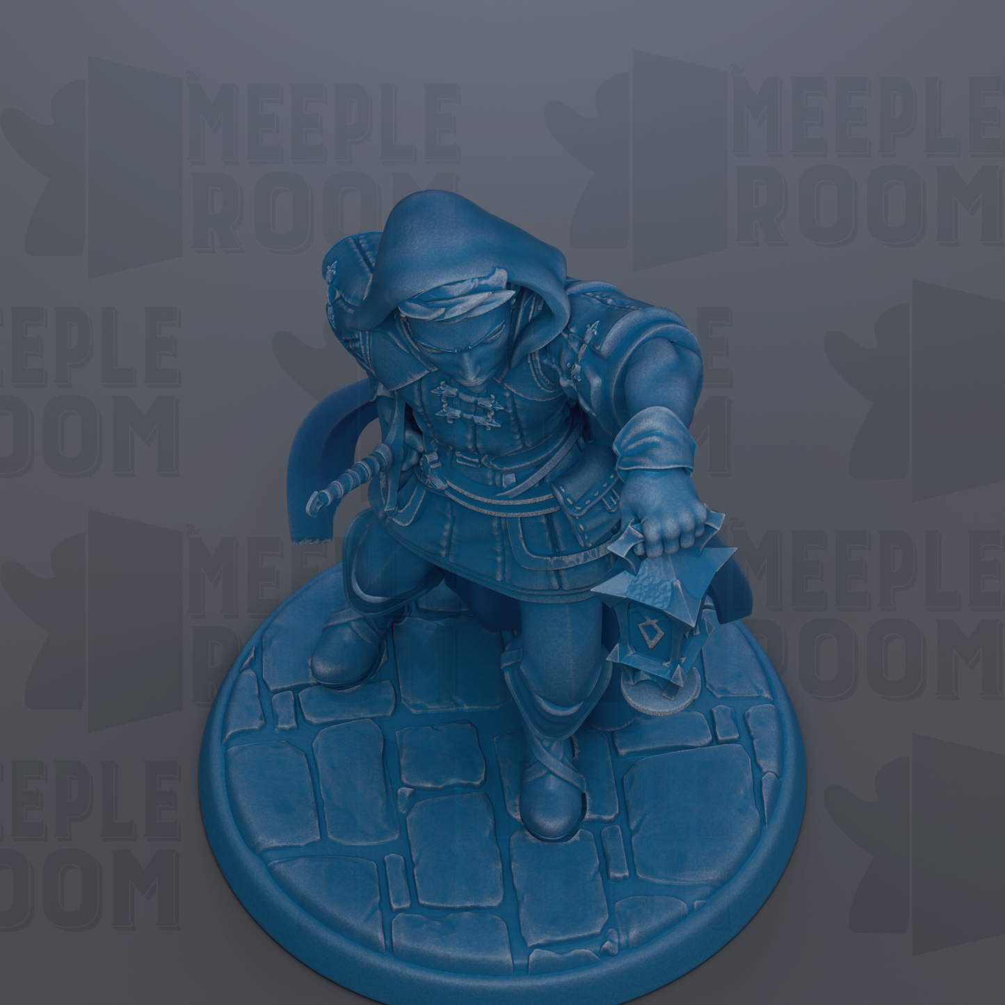 A blue figurine of a person holding a shield and sword, standing on a stone base.