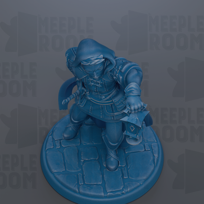 A blue figurine of a person holding a shield and sword, standing on a stone base.