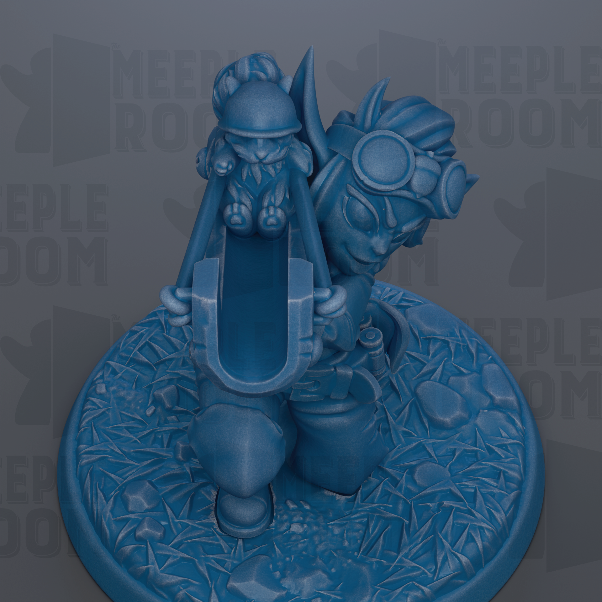 A 3D rendering of a blue figurine depicting a character with a helmet and goggles, standing on a platform with a textured surface.