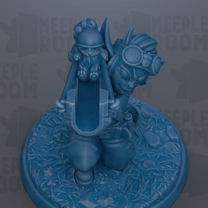 A 3D rendering of a blue figurine depicting a character with a helmet and goggles, standing on a platform with a textured surface.