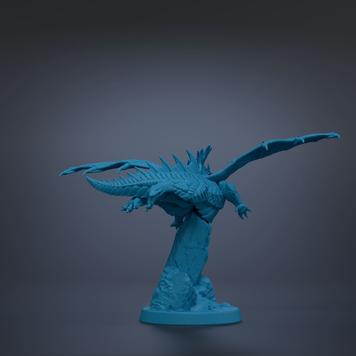 A blue dragon figurine with sharp teeth and claws is depicted in a 3D rendering against a dark background.