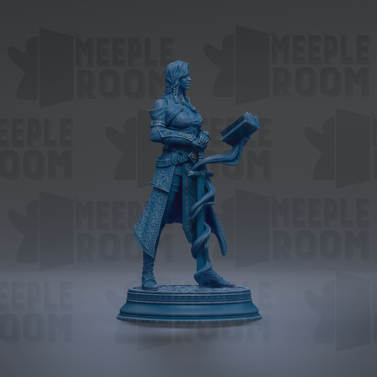 A blue statue of a woman holding a book and sword stands on a pedestal against a dark background with repeated "MEIPLE ROOM" text.