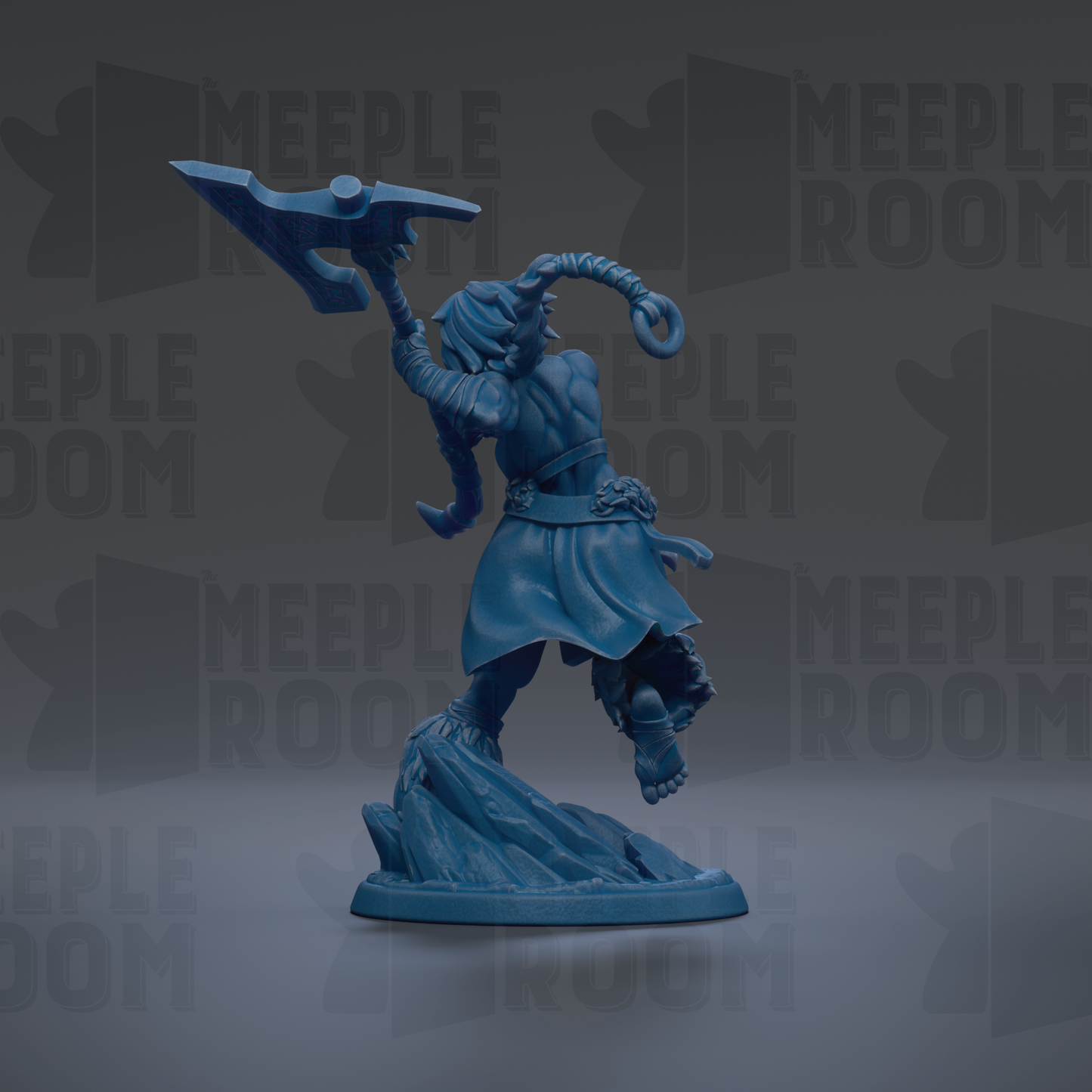 A blue figurine of a warrior wielding a sword and shield, standing on a rock formation against a dark background with repeated "MEIPLLE ROOM" text.