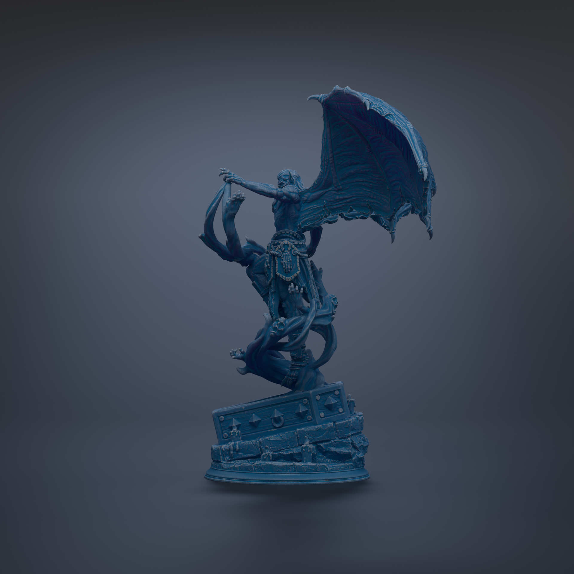 A dark blue, sculpted figure with wings and a tail stands on a pedestal against a dark background.
