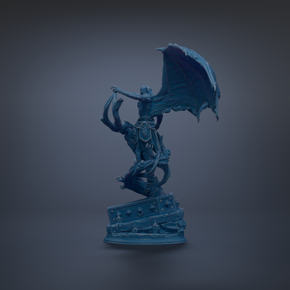 A dark blue, sculpted figure with wings and a tail stands on a pedestal against a dark background.