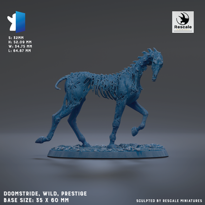 a blue, 3D-rendered horse figurine with a textured, sculpted appearance. The horse is shown in a dynamic pose, standing on a base that is described as a size of 35 x 60 mm. The image is a 3D rendering of a horse, and it is not a collage of multiple images. The horse is shown in a dynamic pose, suggesting movement or action. The image does not contain any text, and the horse is the main subject.
