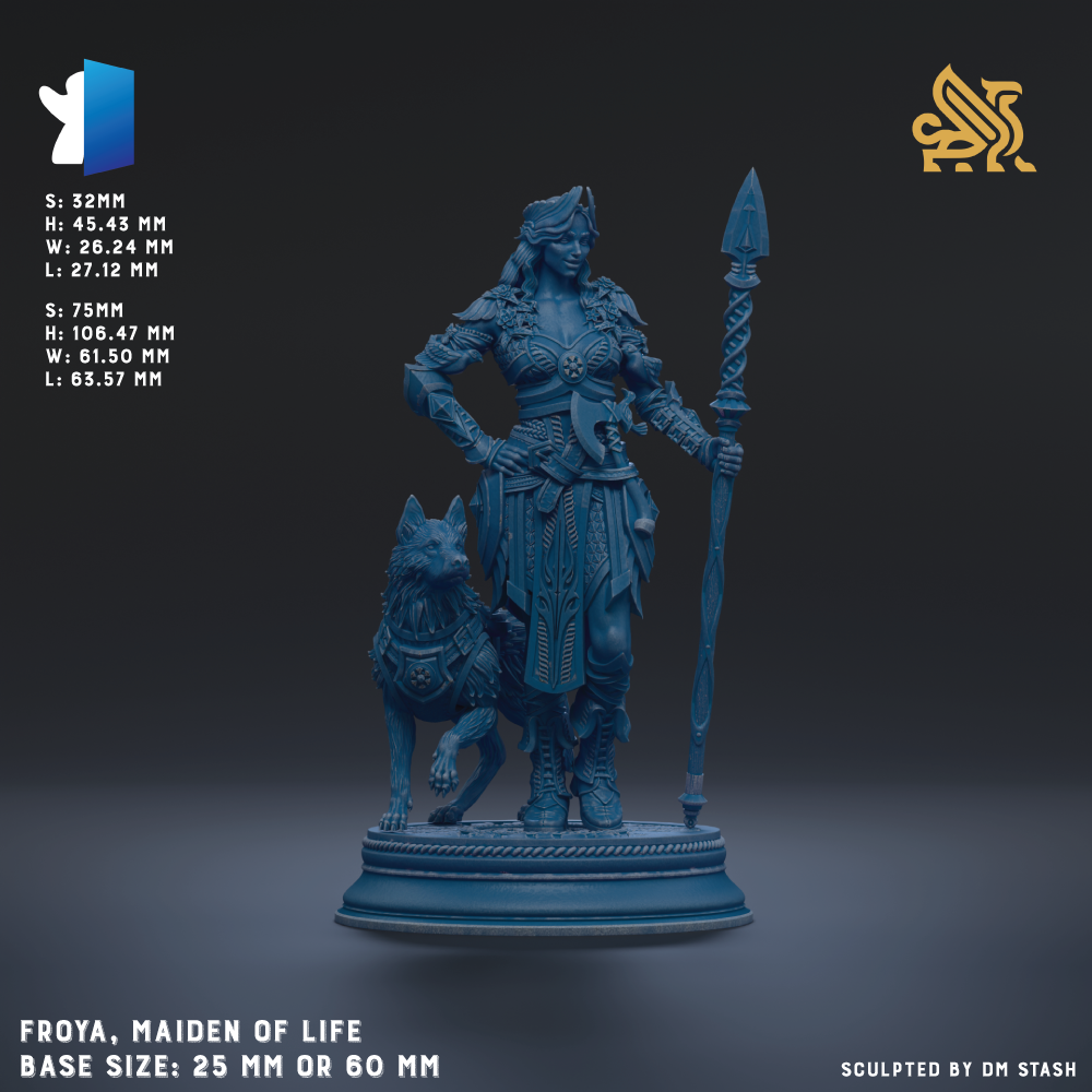 The image is a 3D rendering of a female warrior figure, likely representing the character Froya from the video game series "Maiden of Life". The figure is depicted in a blue color, standing on a pedestal and holding a spear. The image is a 3D model of the character, and the base size is either 25mm or 60mm. The image is a sculpture, and it is created by the artist who designed and modeled the character.