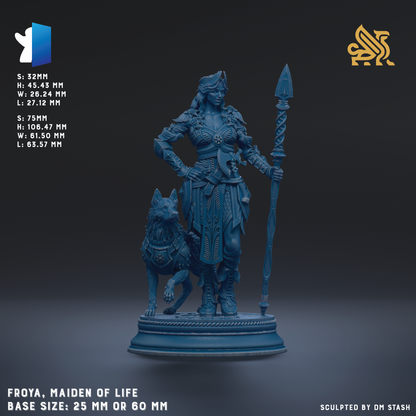The image is a 3D rendering of a female warrior figure, likely representing the character Froya from the video game series "Maiden of Life". The figure is depicted in a blue color, standing on a pedestal and holding a spear. The image is a 3D model of the character, and the base size is either 25mm or 60mm. The image is a sculpture, and it is created by the artist who designed and modeled the character.