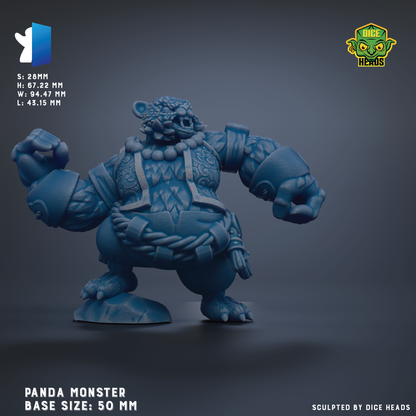 A 3D model of a panda-like monster with a blue color scheme, standing on a base and appearing to be in a fighting stance.