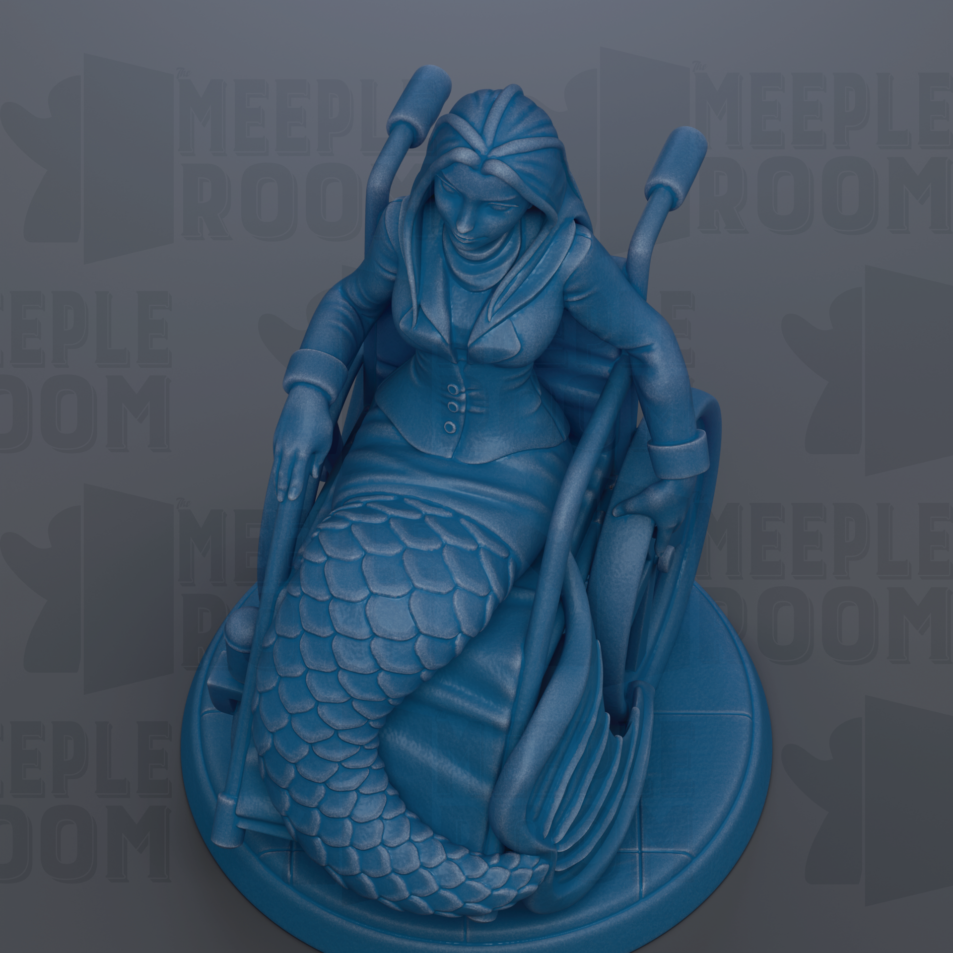 A blue mermaid statue sitting in a wheelchair, with the text "MEEPLE ROOM" visible in the background.