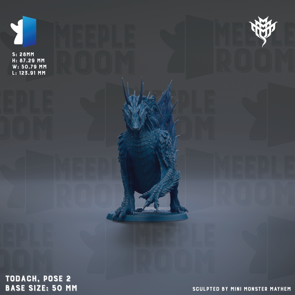a blue dragon figurine posed on a base, with the text "MEEPLE ROOM" repeated in the background.