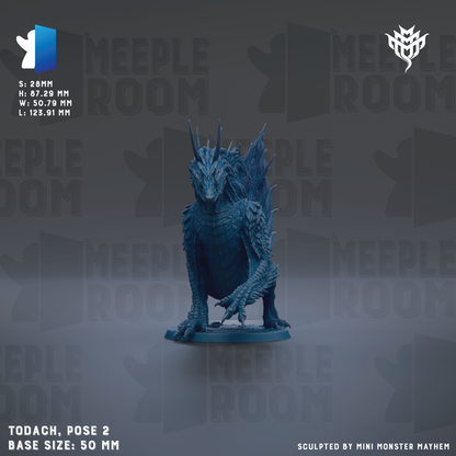 a blue dragon figurine posed on a base, with the text "MEEPLE ROOM" repeated in the background.
