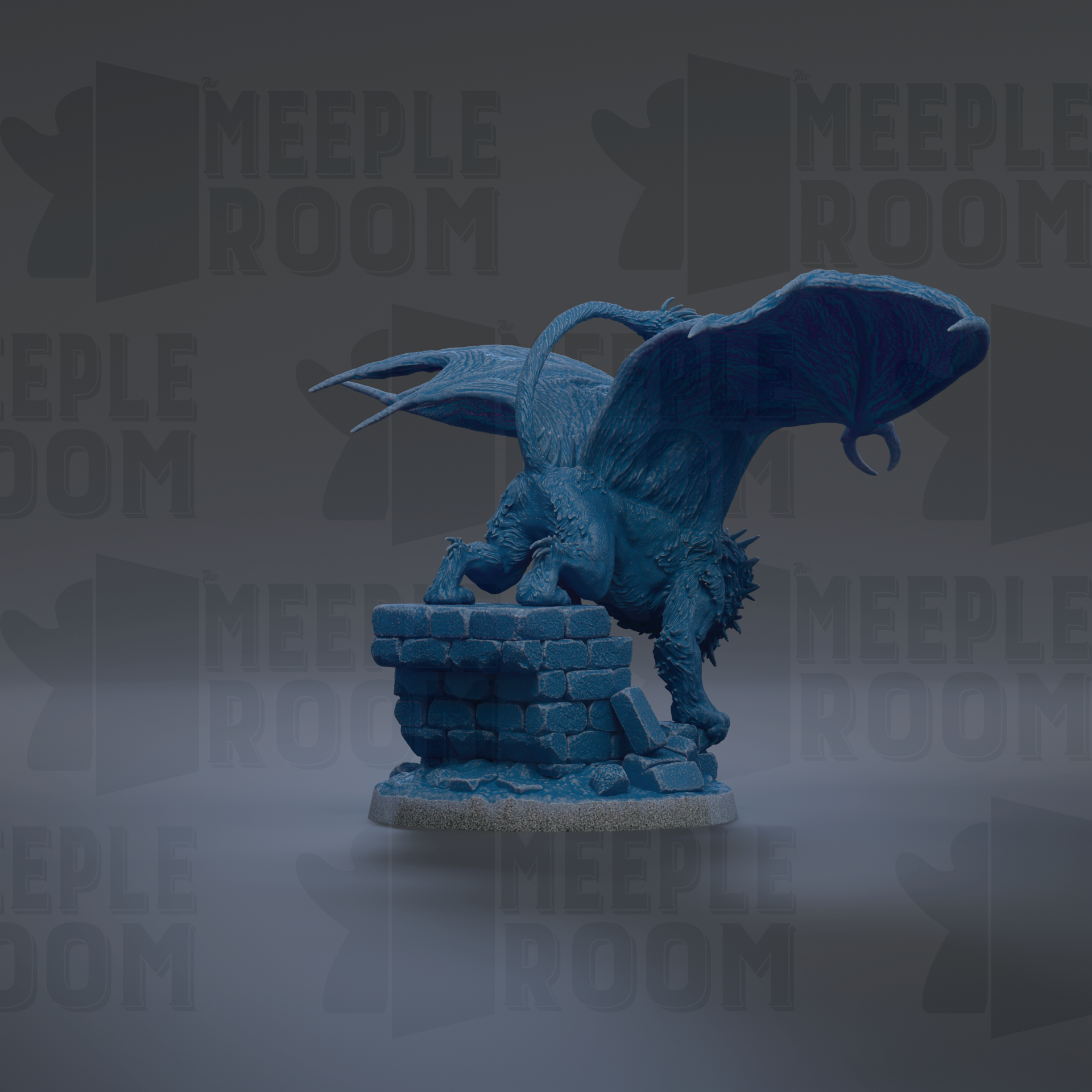 A blue dragon figurine with wings spread, standing on a brick base.