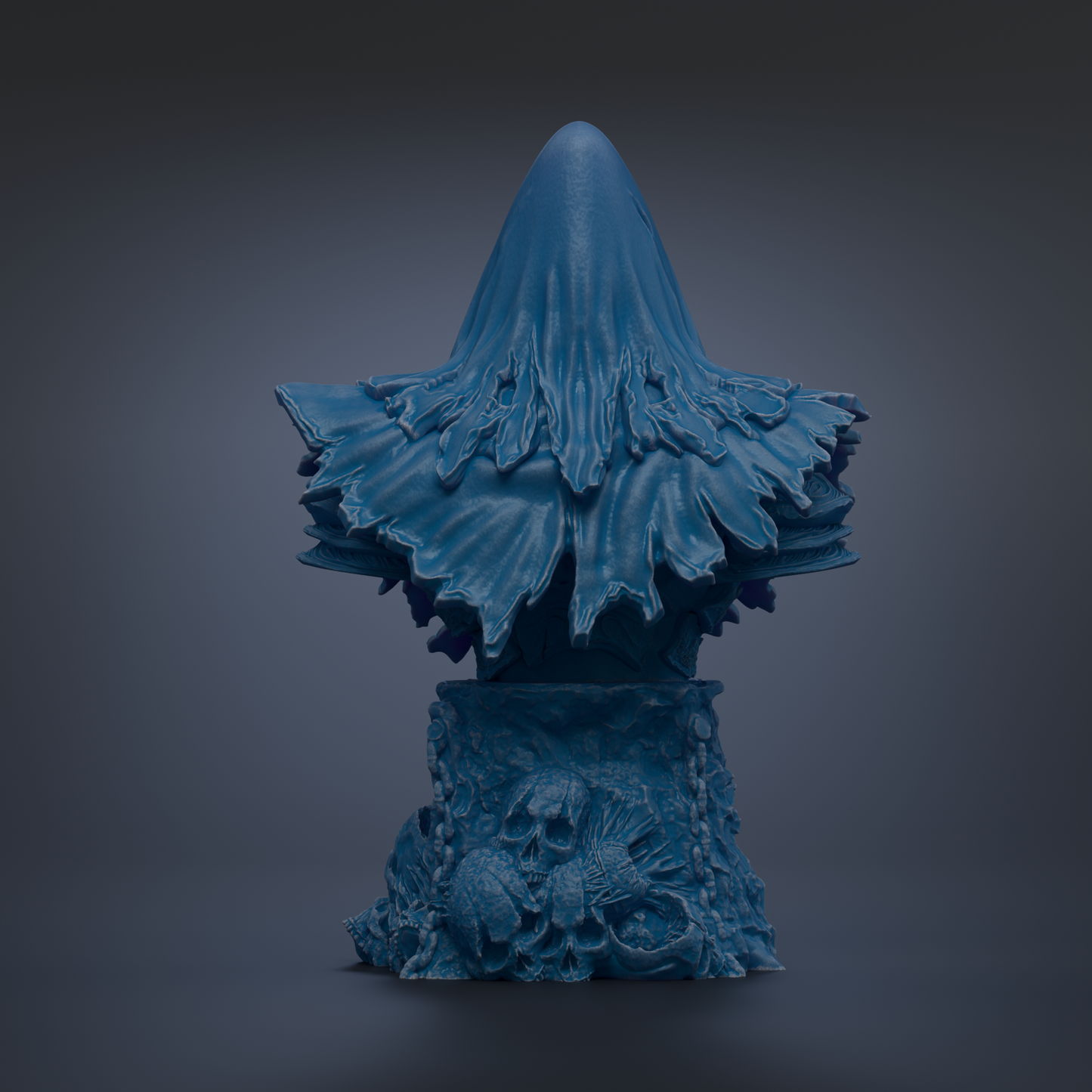 A blue, sculptural object with a pointed top and intricate, flowing details, resembling a mushroom or other organic shape.