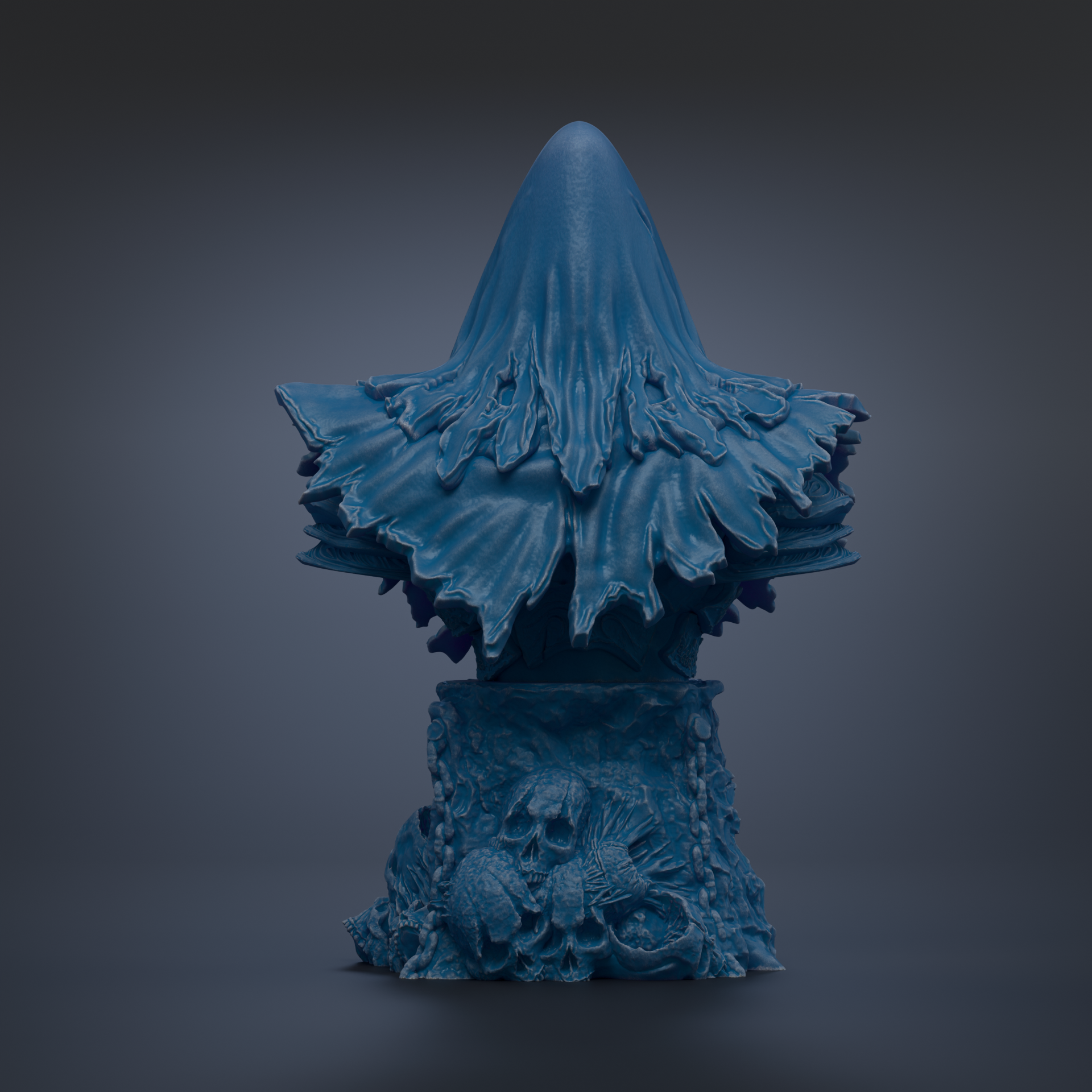 A blue, sculptural object with a pointed top and intricate, flowing details, resembling a mushroom or other organic shape.