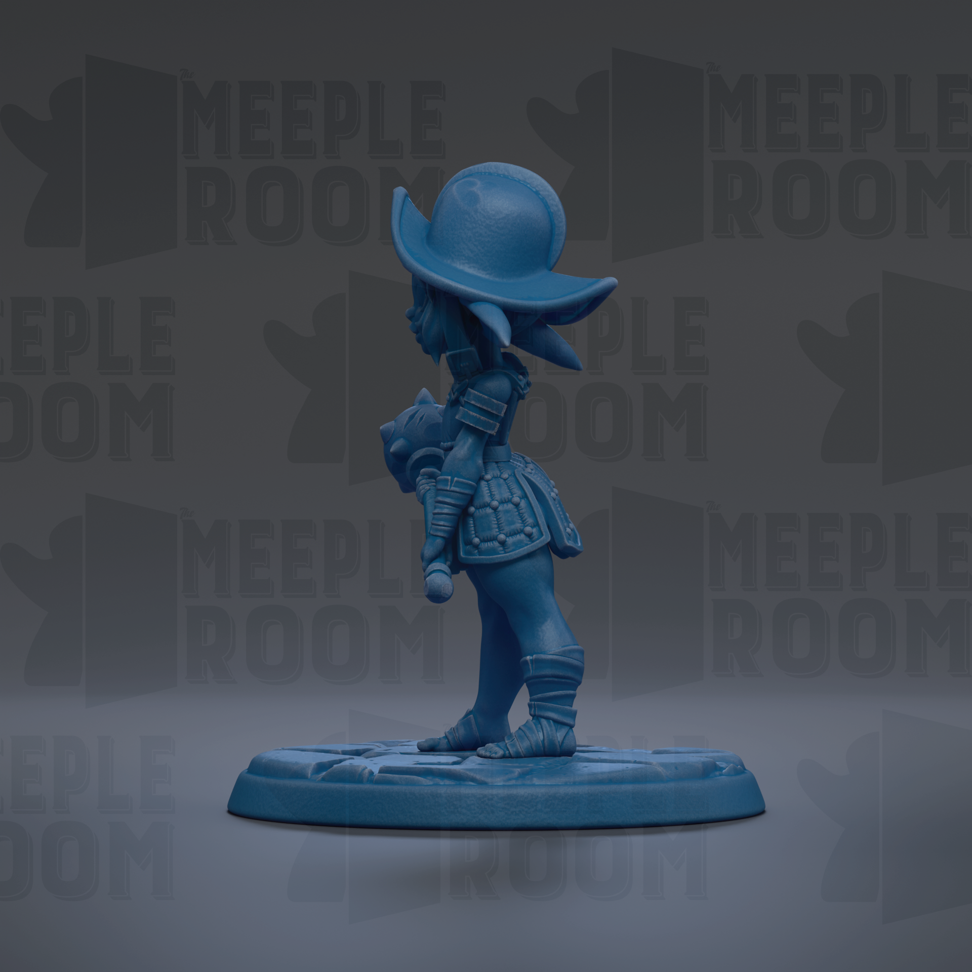 A blue figurine of a person wearing a hat and holding a small object, standing on a blue base against a gray background with repeated text.