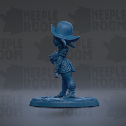 A blue figurine of a person wearing a hat and holding a small object, standing on a blue base against a gray background with repeated text.