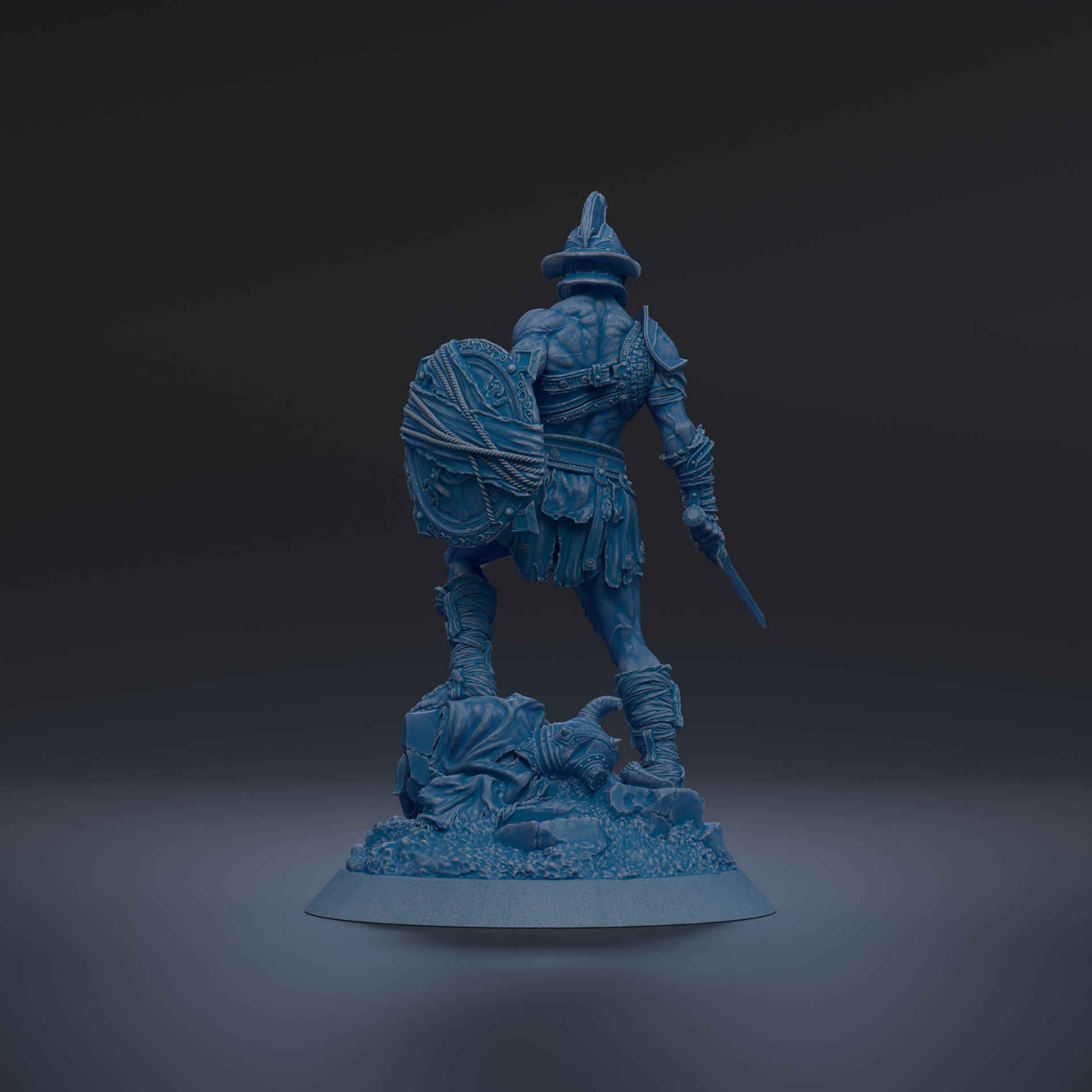 A blue statue of a warrior standing on a rocky base, holding a shield and sword.