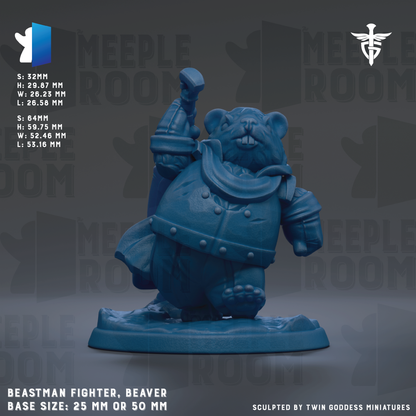 The image is a detailed 3D model of a blue figurine of a bearded fighter, specifically a Beaver, with a base size of 25mm or 50mm. The figurine is posed in a fighting stance, holding a sword in its right hand. The background of the image is a dark gray color, with the words "MELLOW ROOM" repeated multiple times throughout the image.