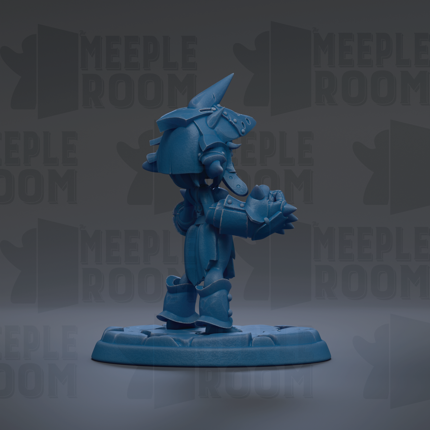 A blue figurine of a character with a pointed hat and spiked helmet stands on a base against a dark background with repeated text.