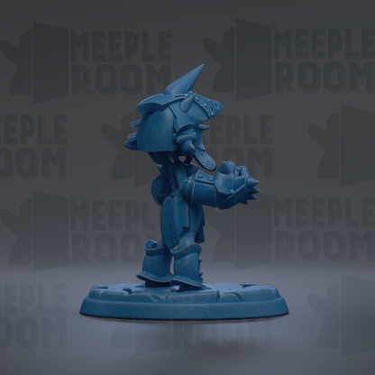 A blue figurine of a character with a pointed hat and spiked helmet stands on a base against a dark background with repeated text.