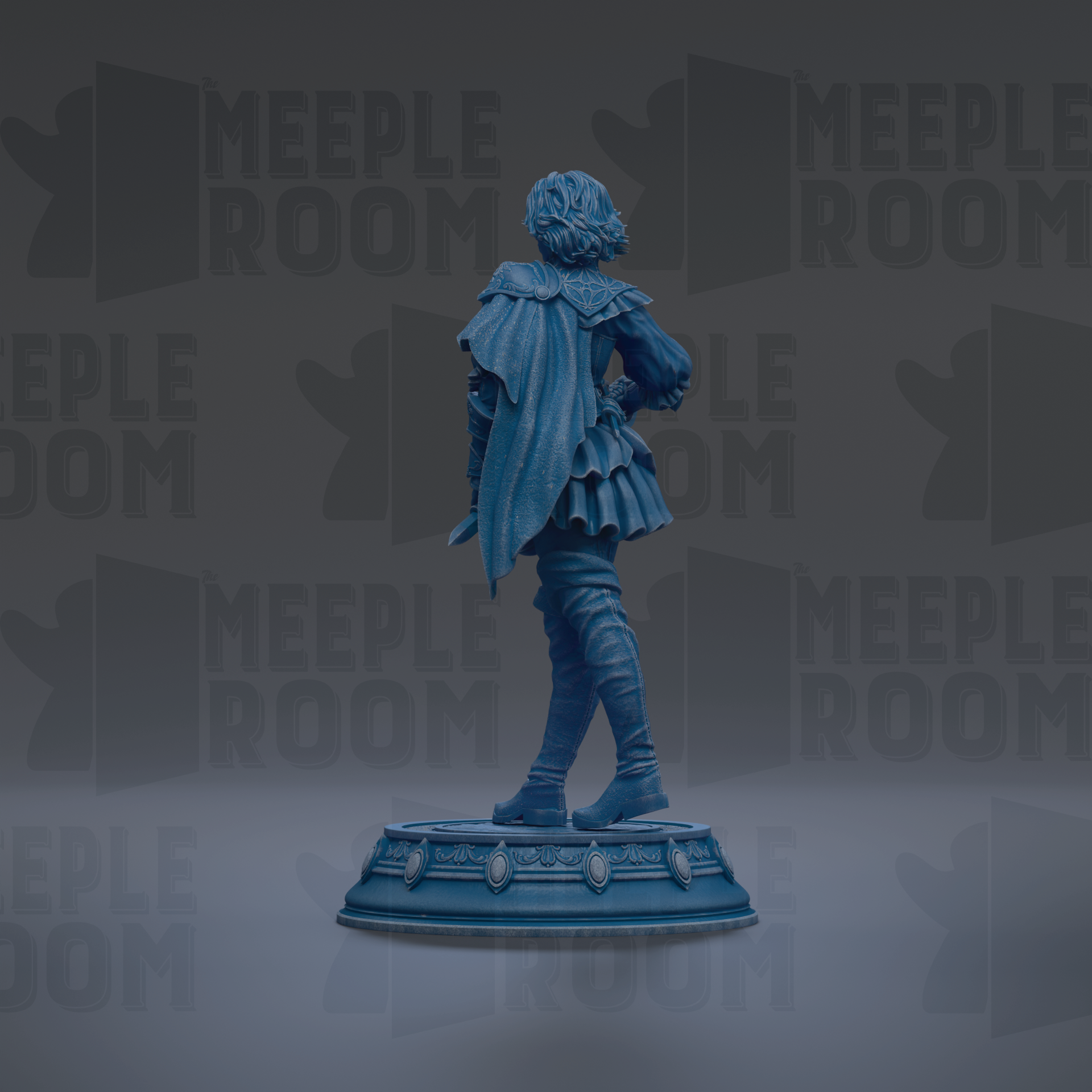 A blue statue of a person standing on a pedestal against a dark background with repeated text.