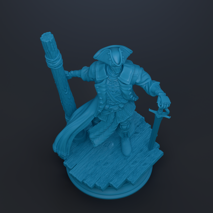 A blue 3D model of a pirate figure holding a sword and standing on a wooden platform.