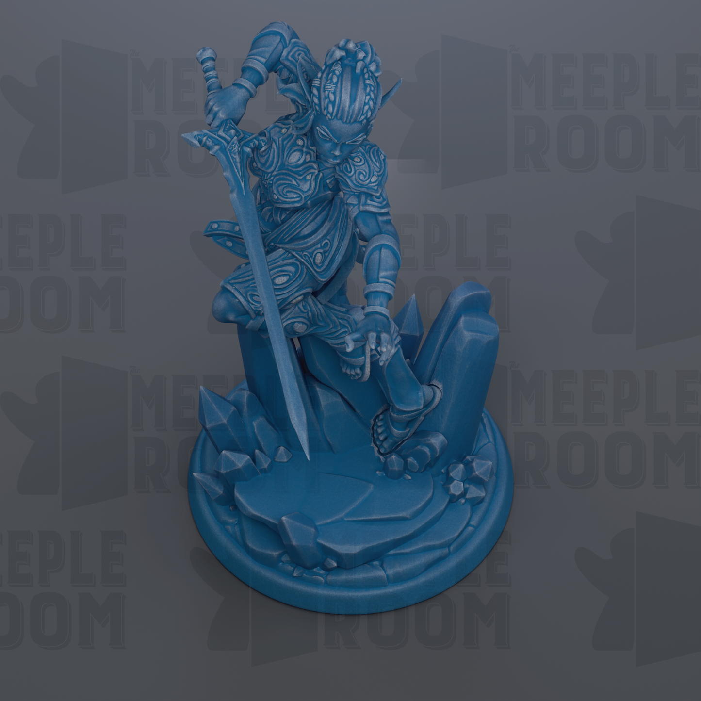 A blue figurine of a warrior figure holding a sword and standing on a rocky base.