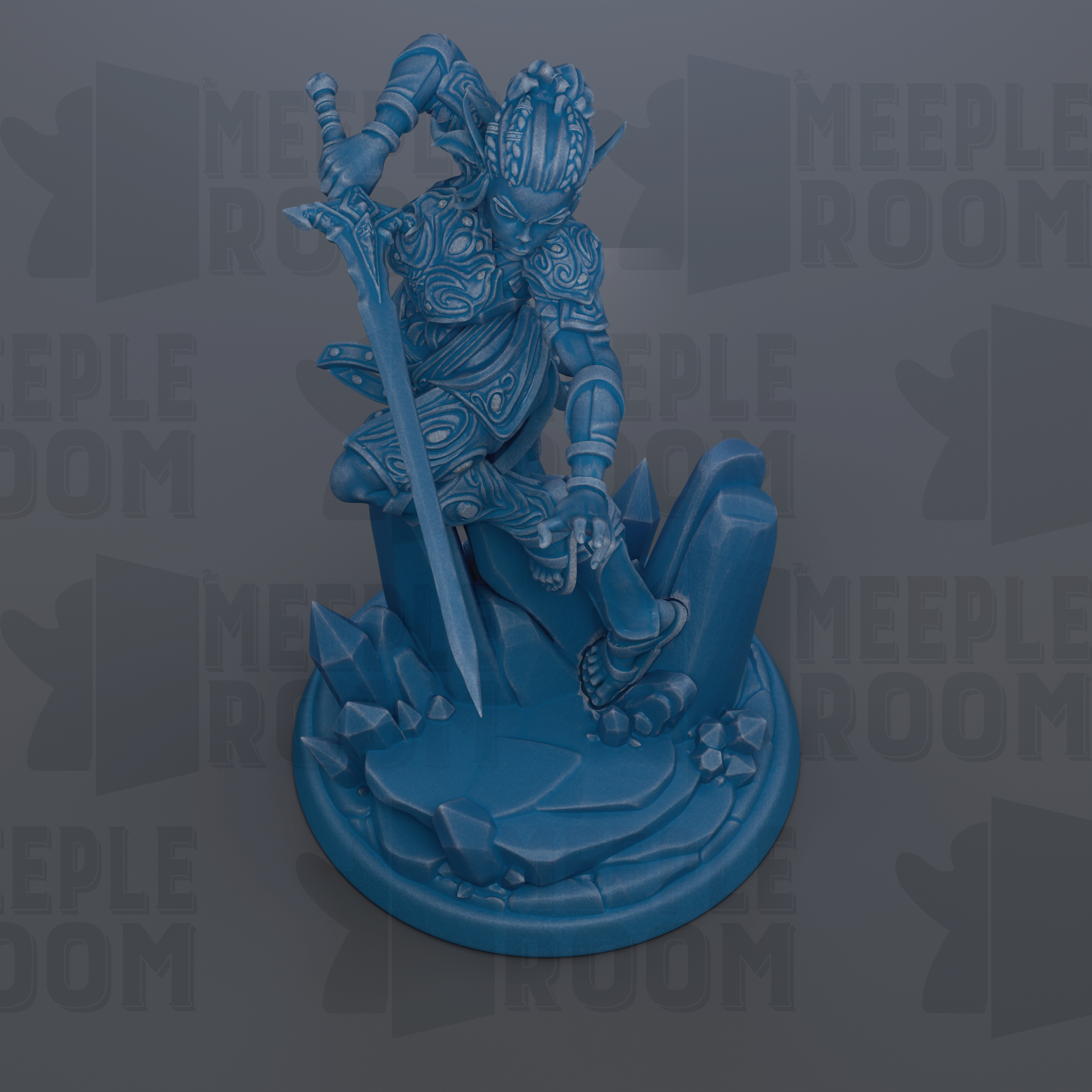 A blue figurine of a warrior figure holding a sword and standing on a rocky base.